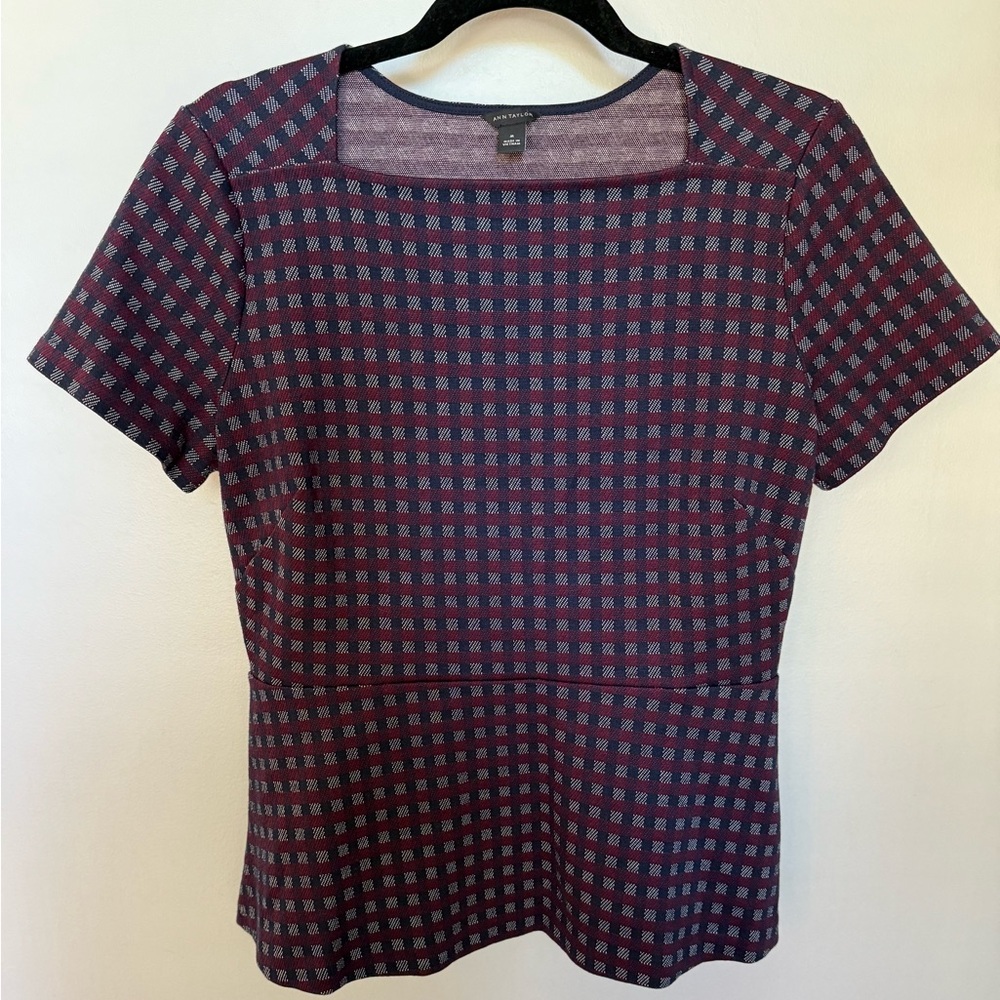 Ann Taylor Burgundy and Navy Checkered peplum Top